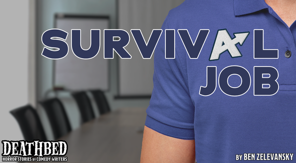 A person shown from neck to torso standing in a conference room. The title of the story - Survival Job - is integrated with a stylized letter A logo on the breast of the person's golf shirt.